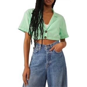 Free People Honeydew Cropped Button Front Cotton Linen Blend Blouse Top Small